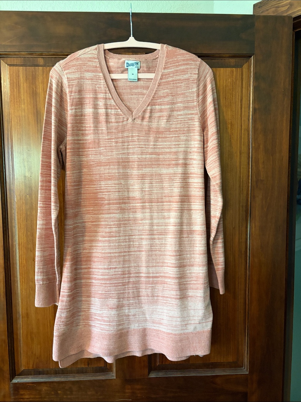 Duluth Trading Long Sleeve V-Neck Tunic Sweater - Salmon Striped